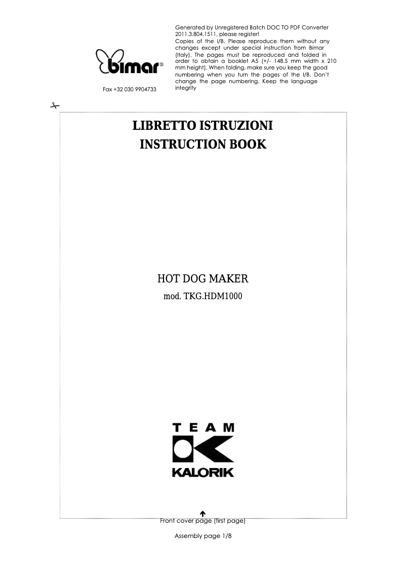 Page n°1 - Manuel utilisateur Kalorik TKG.HDM1000