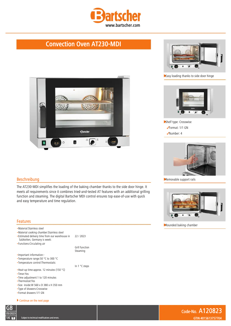 Page n°1 - Fiche technique Bartscher AT230-MDI