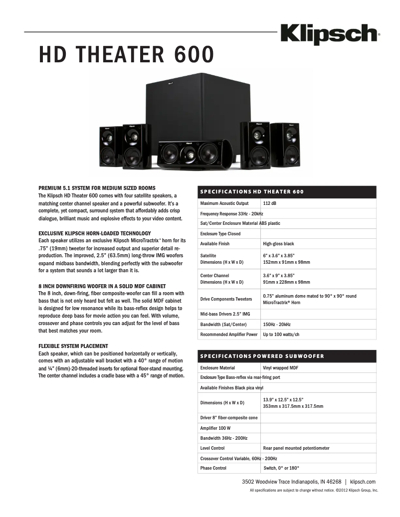 Page 1 de la notice Fiche technique Klipsch HD Theater 600