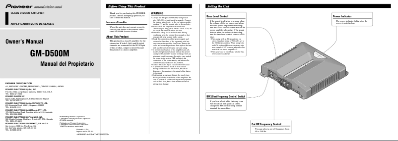 Page n°1 - Manuel utilisateur Pioneer GM-D500M