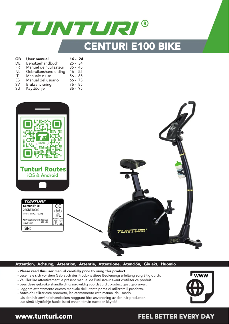 Page 1 de la notice Manuel utilisateur Tunturi Centuri E100