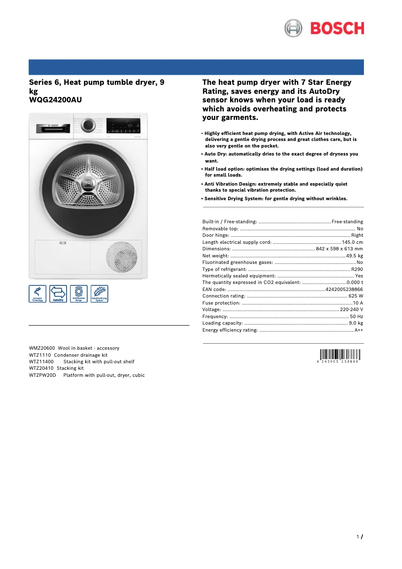 Page 1 of the manual Technical Sheet Bosch WQG24200AU