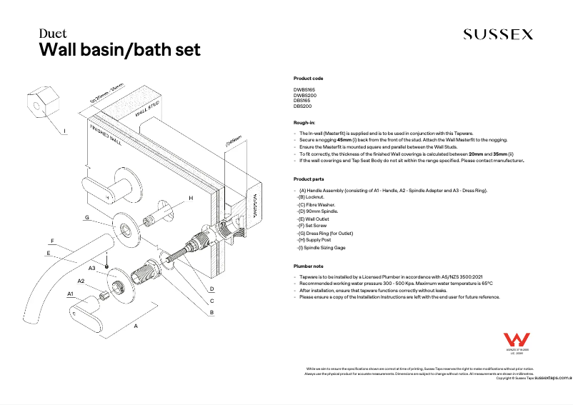 Page n°1 - Manuel utilisateur Sussex DWBS165