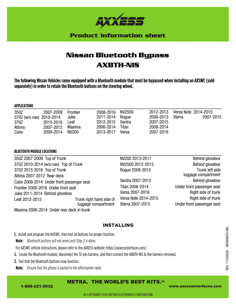 Page 1 de la notice Fiche technique AXESS AXBTH-NIS