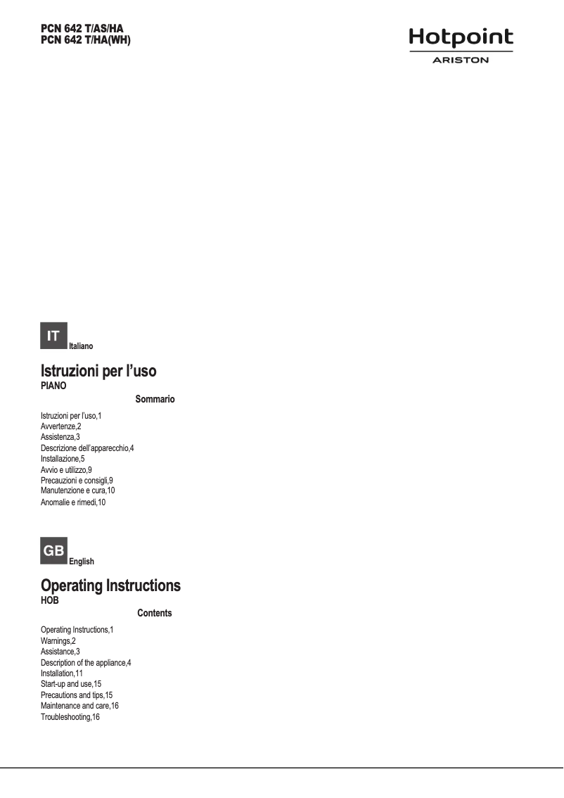 Page 1 of the manual User Manual Hotpoint PCN 642 T/AS/HA