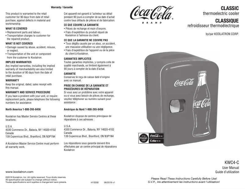 Page 1 de la notice Manuel utilisateur Coca-Cola KWC4-C