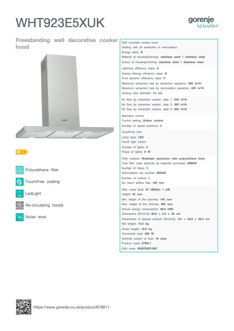 Page n°1 - Fiche technique Gorenje WHT923E5XUK