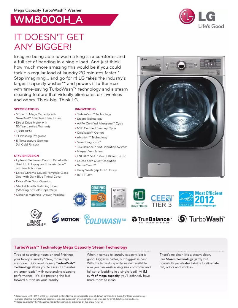 Page 1 de la notice Fiche technique LG TurboWash WM8000H