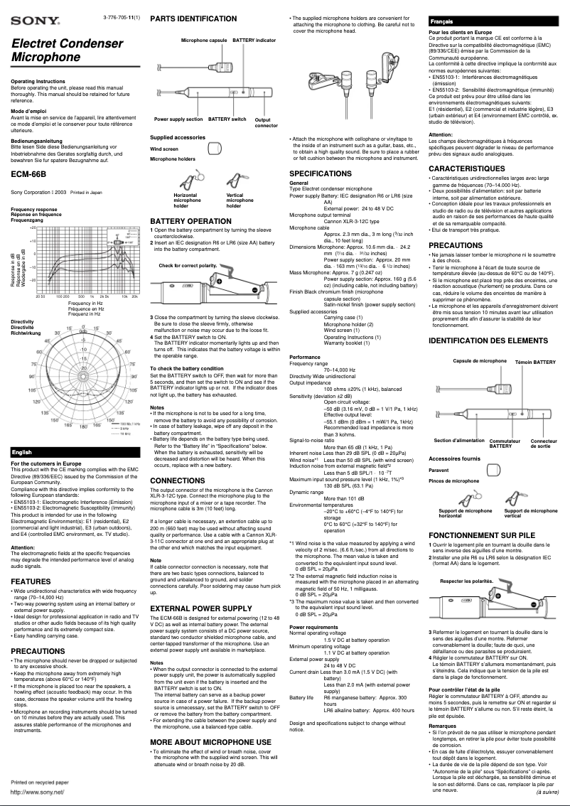 Page 1 de la notice Manuel utilisateur Sony ECM-66B