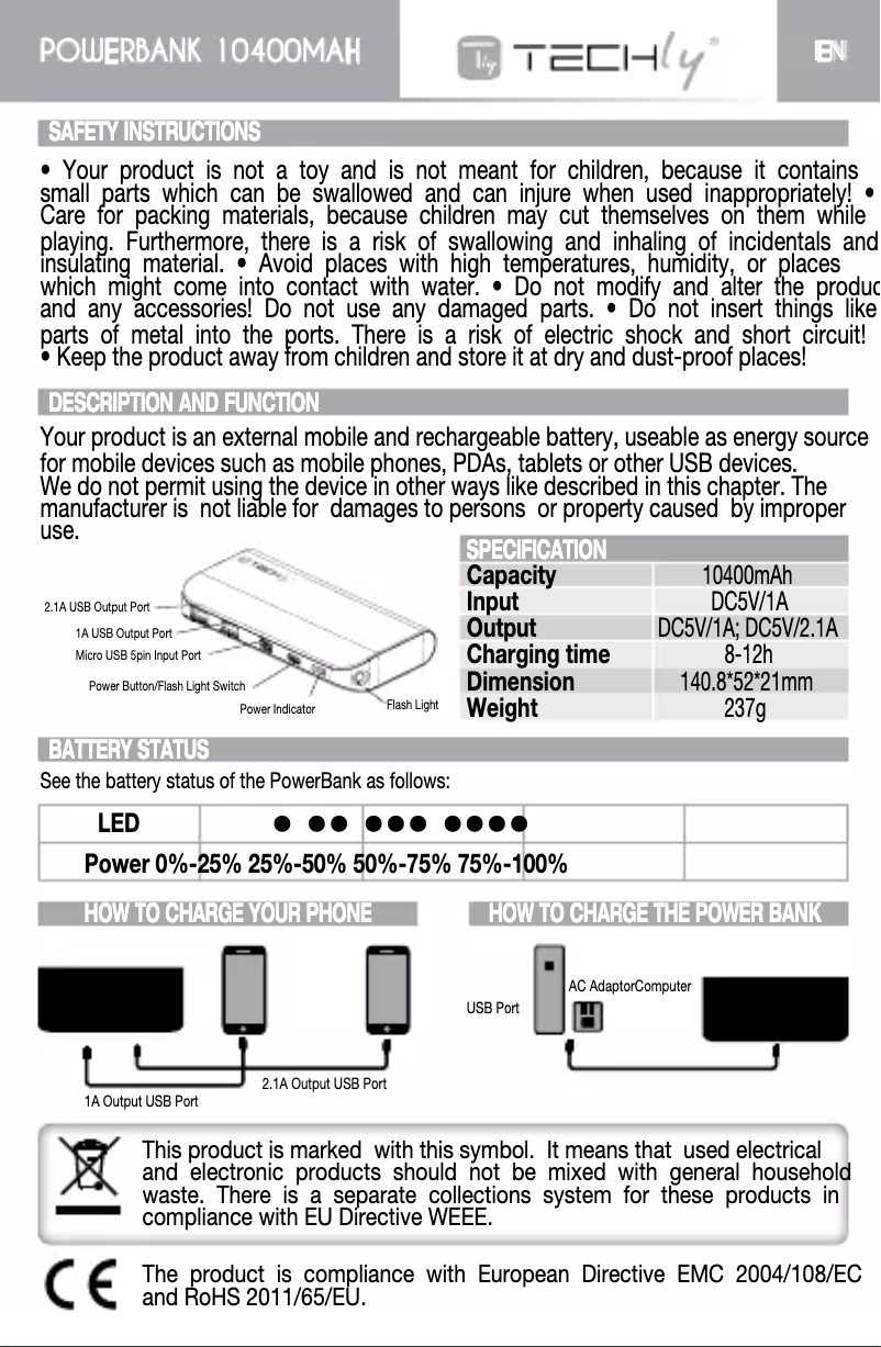 Página 1 del manual Manual de usuario Techly LiPo 10400mAh