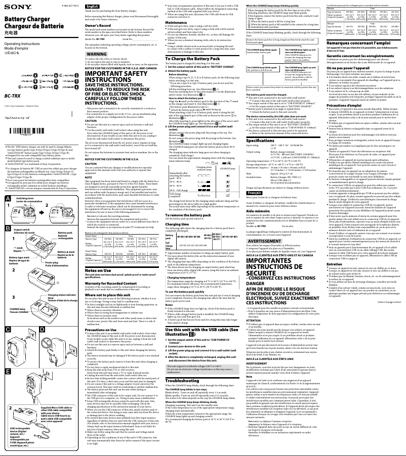 Page 1 de la notice Manuel utilisateur Sony BC-TRX
