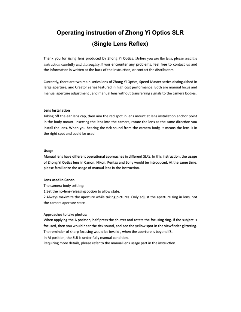 Page n°1 - Manuel utilisateur Zhong Yi Optics Mitakon Creator 85mm f/2