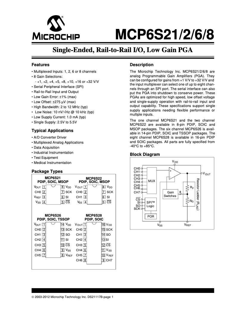 Page 1 de la notice Fiche technique Microchip MCP6S21
