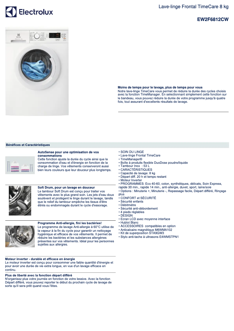 Page n°1 - Fiche technique Electrolux EW2F6812CW