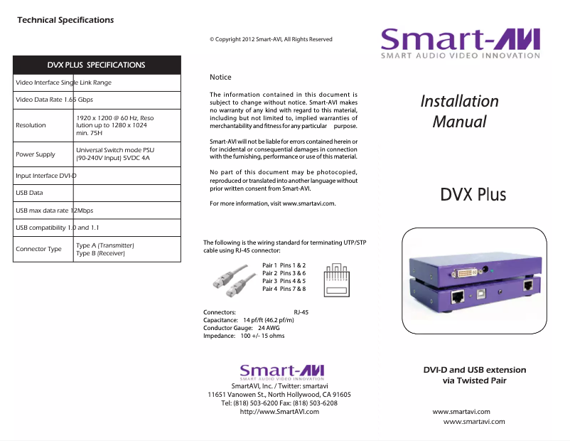 Page 1 de la notice Manuel utilisateur Smart-AVI DVX-PLUS