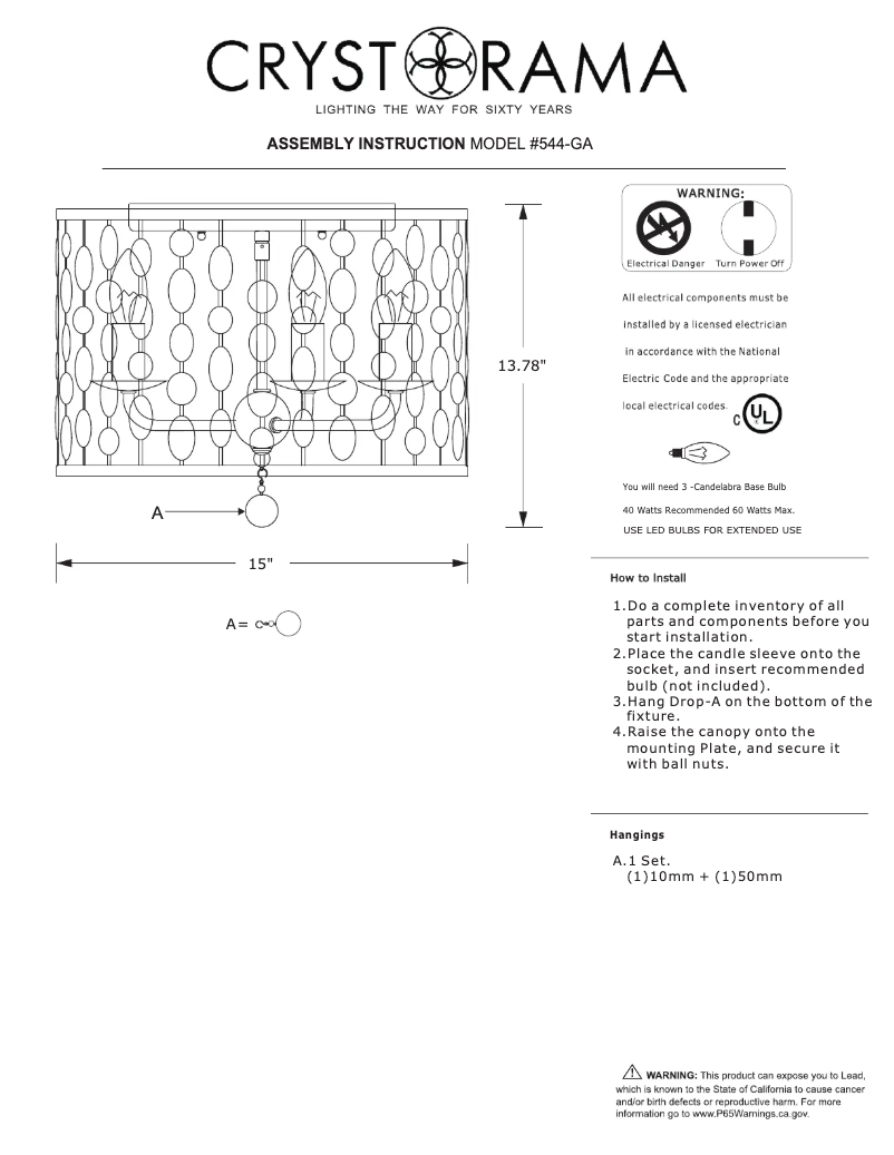 Page 1 de la notice Manuel utilisateur Crystorama Layla 544-GA