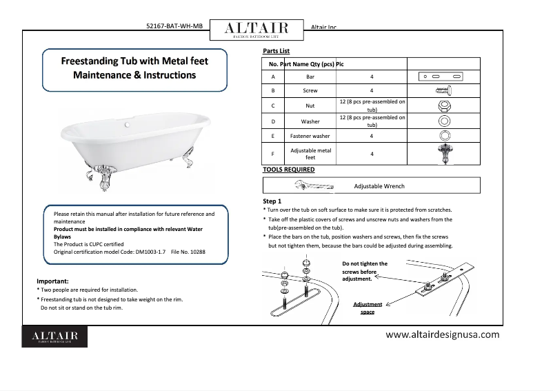 Page 1 de la notice Manuel utilisateur Altair Kerta 52167-BAT-WH-MB