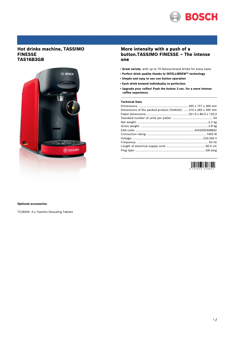 Page n°1 - Fiche technique Bosch Tassimo Finesse TAS16B3