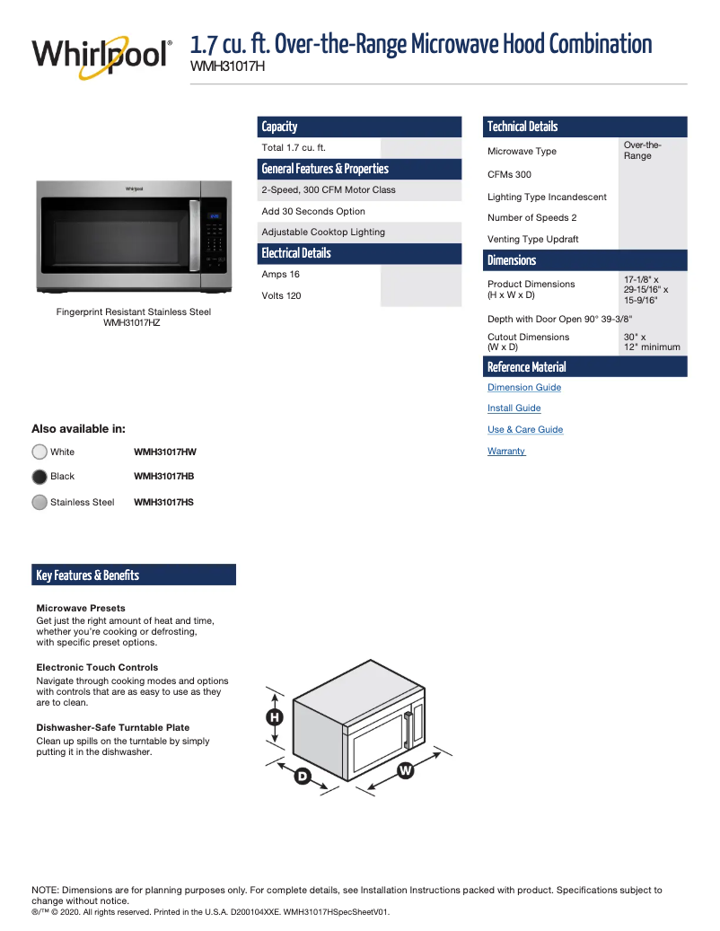 Page 1 de la notice Fiche technique Whirlpool WMH31017HB