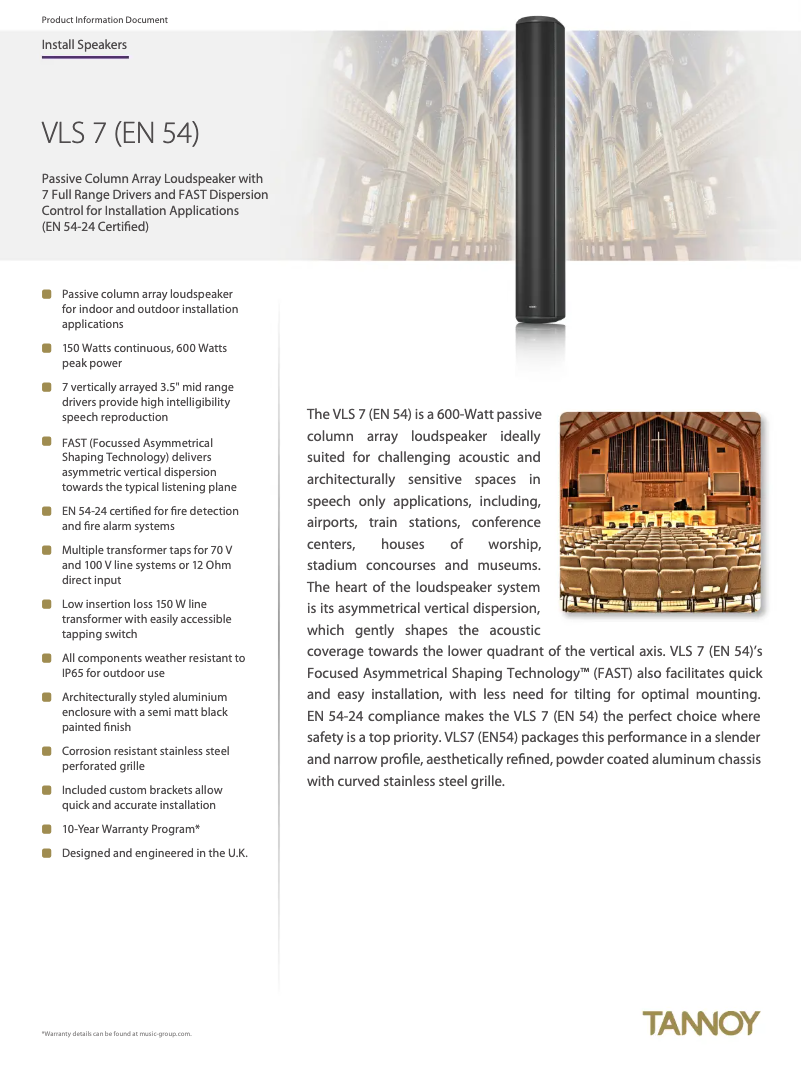 Page 1 de la notice Fiche technique Tannoy VLS 7