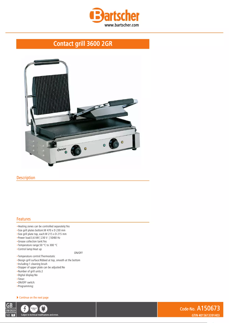 Página 1 del manual Ficha técnica Bartscher A150673