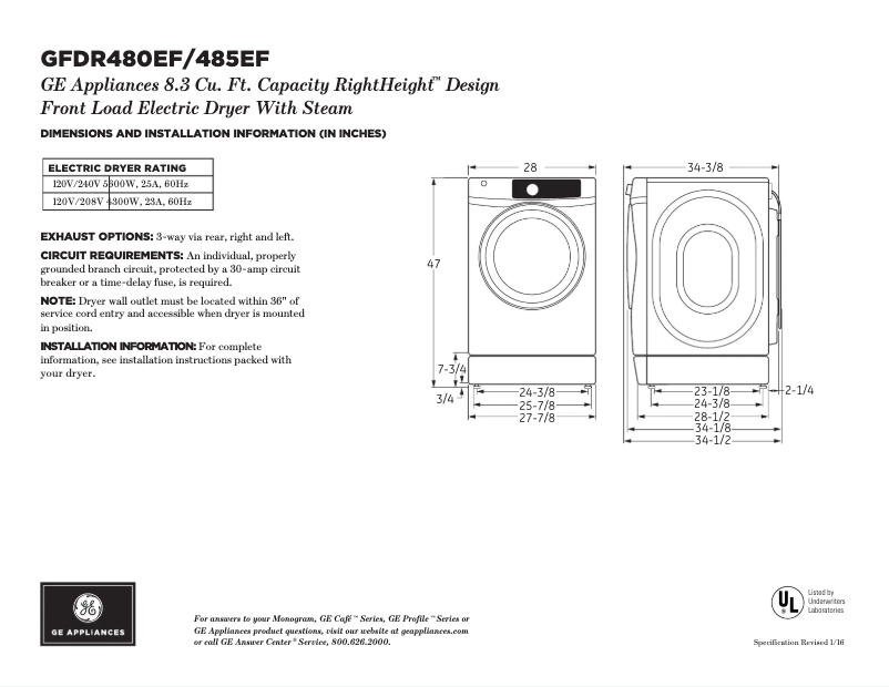 Page n°1 - Fiche technique GE GFDR485EFMC