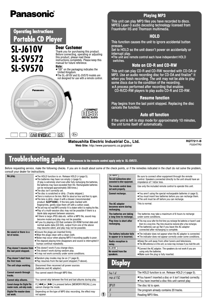 Page 1 de la notice Manuel utilisateur Panasonic SL-J610V