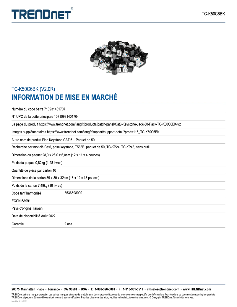 Page 1 de la notice Fiche technique TRENDnet TC-K50C6