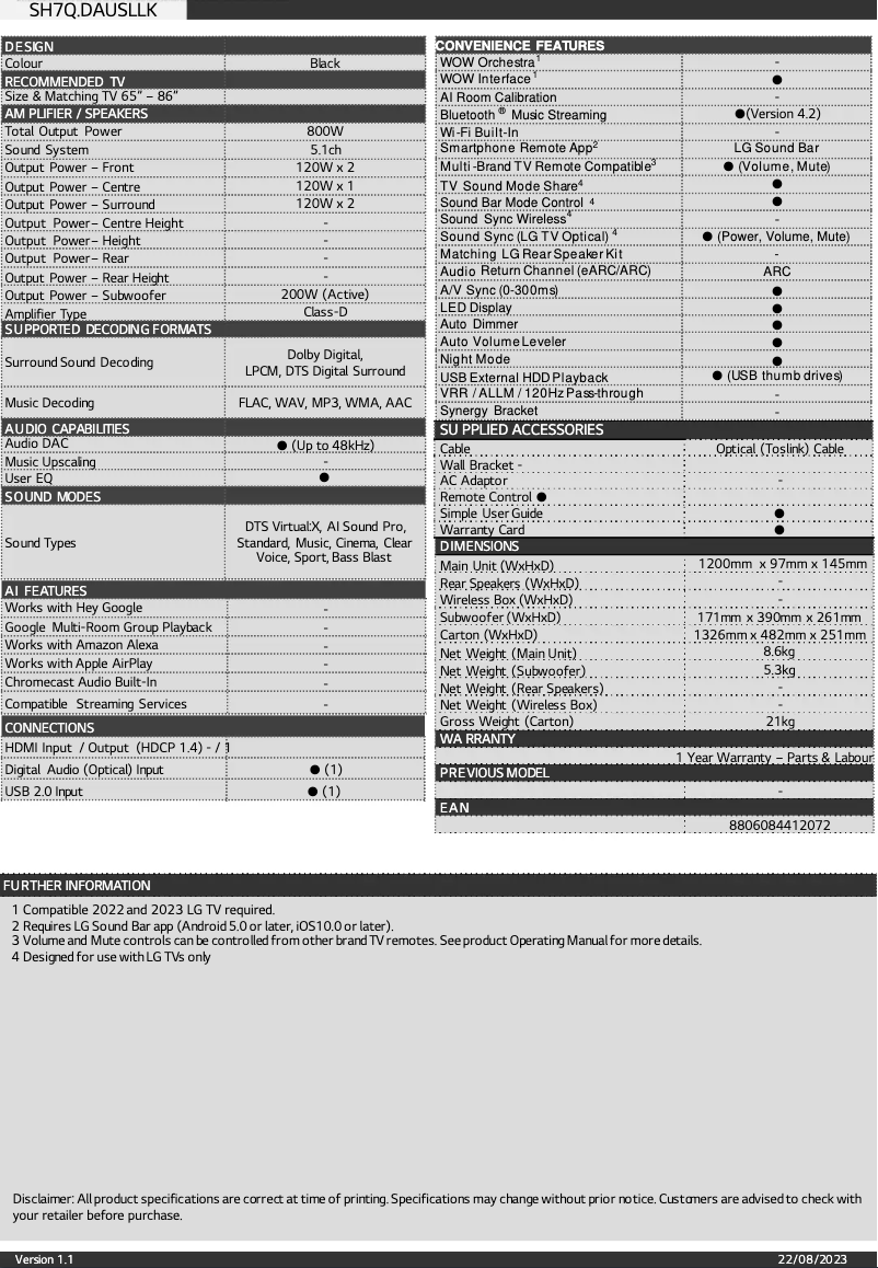 Page n°1 - Fiche technique LG SH7Q