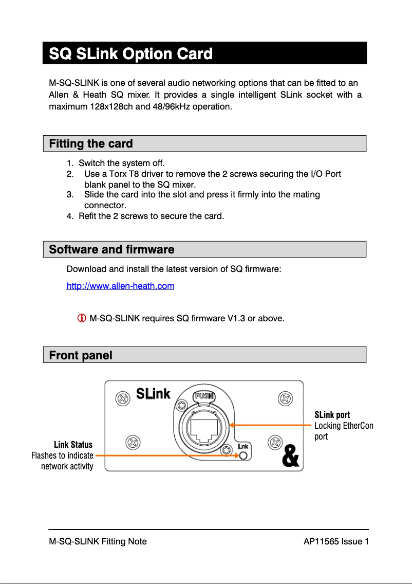 Page n°1 - Manuel utilisateur Allen & Heath SQ SLink Option Card