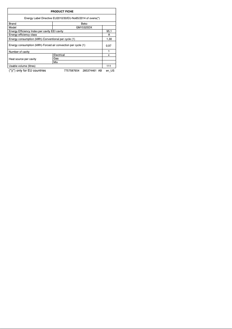 Page 1 de la notice Fiche technique Beko GM15325DX