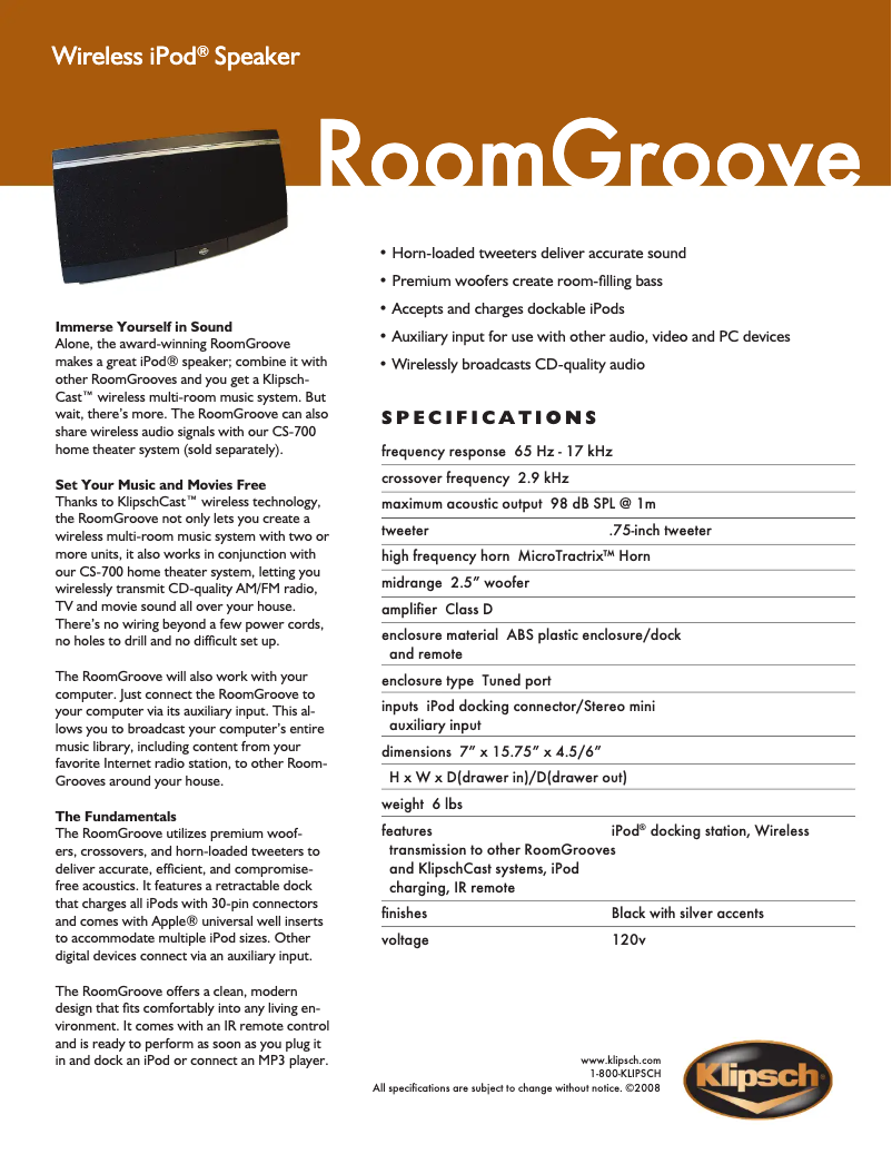 Page n°1 - Fiche technique Klipsch RoomGroove