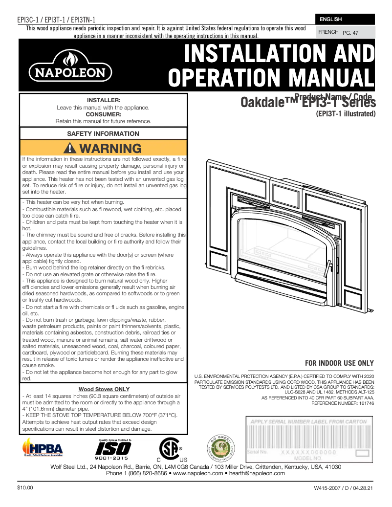 Page 1 de la notice Manuel utilisateur Napoleon Oakdale EPI3T