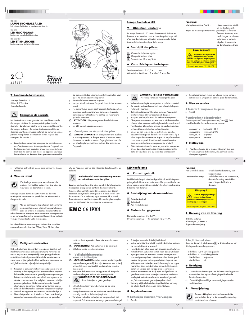 Page 1 de la notice Manuel utilisateur Crivit Z31334