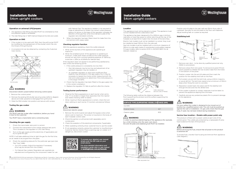 Page n°1 - Guide d'installation Westinghouse WLE543WCB