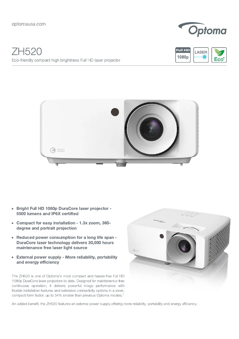 Page n°1 - Fiche technique Optoma ZH520