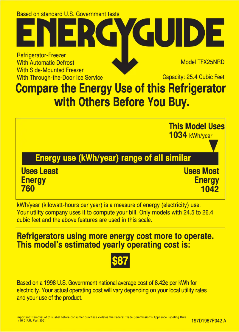 Page 1 de la notice Label énergétique GE TFX25NRDWW