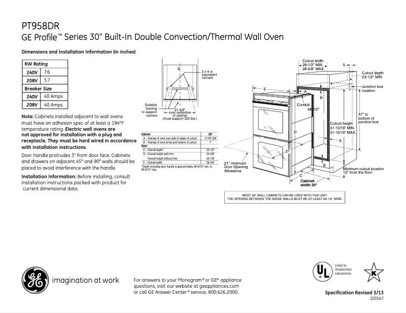 Page 1 de la notice Fiche technique GE PT958DRBB