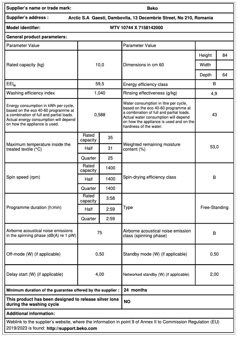 Page 1 de la notice Fiche technique Beko WTV 10744 X