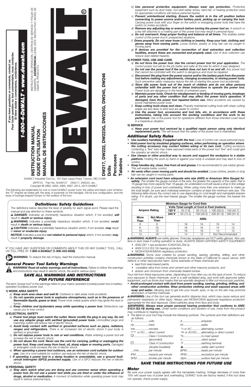Page 1 de la notice Manuel utilisateur DeWalt DW235G