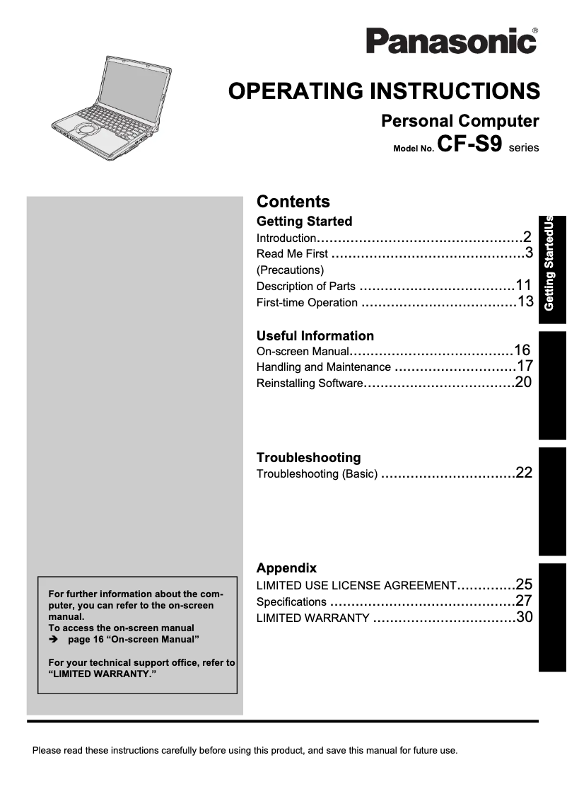 Image de la première page du manuel de l'appareil Toughbook CF-S9