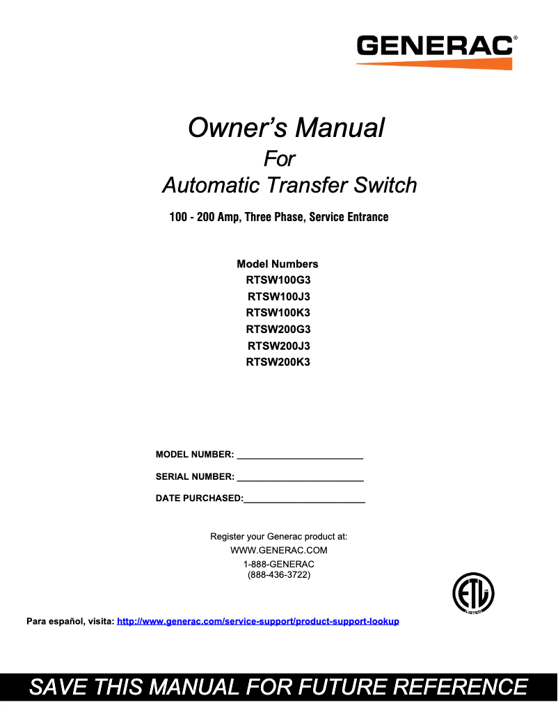 Page n°1 - Manuel utilisateur Generac RBU200A3