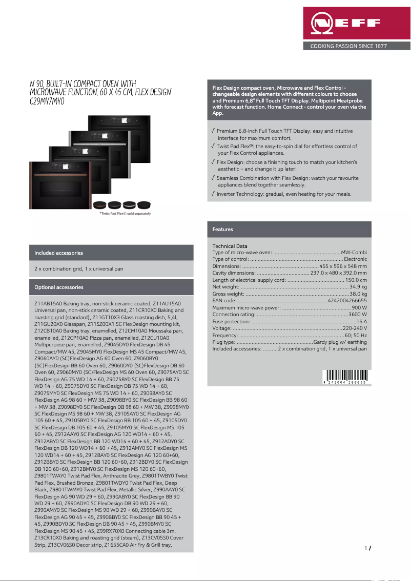 Page 1 de la notice Fiche technique Neff C29MY7MY0