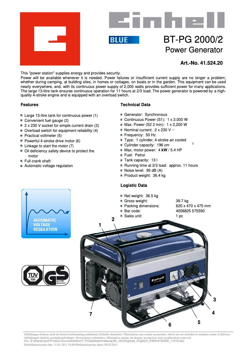 Page n°1 - Manuel utilisateur Einhell BT-PG 2000/2