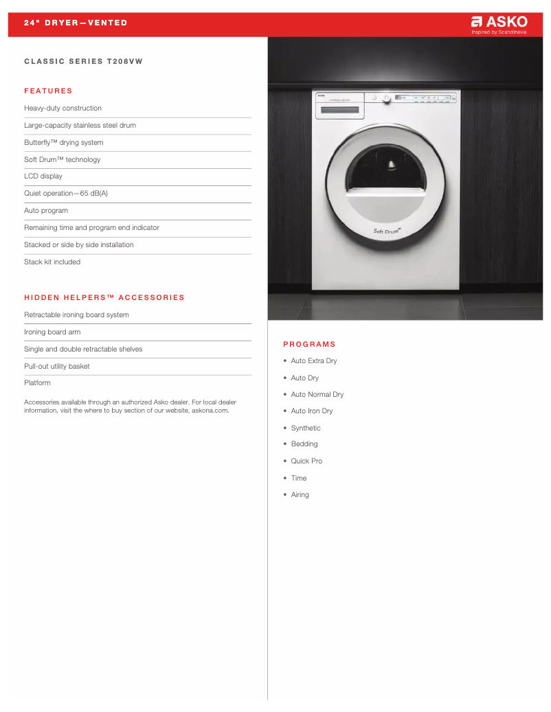 Página 1 del manual Ficha técnica Asko T208V.W