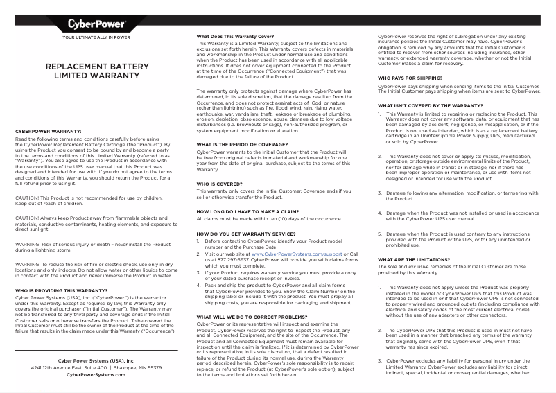 Page 1 de la notice Informations de garantie CyberPower RB1270X2A