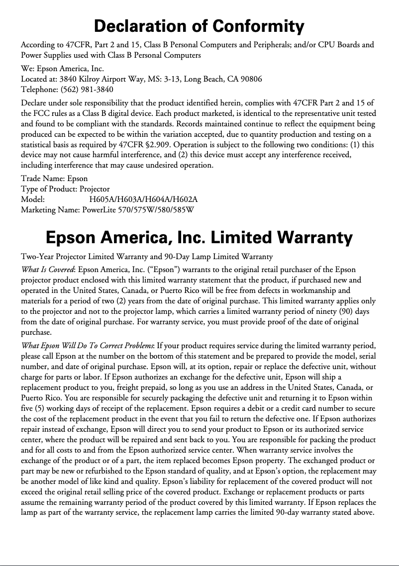 Página 1 del manual Información de garantía Epson PowerLite 575W