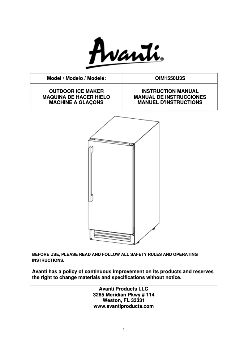 Page n°1 - Manuel utilisateur Avanti OIM1550U3S