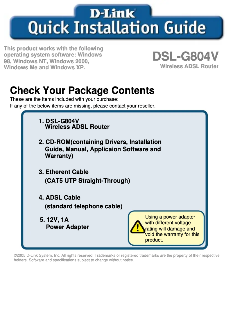 Page 1 de la notice Guide d'installation D-Link DSL-G804V
