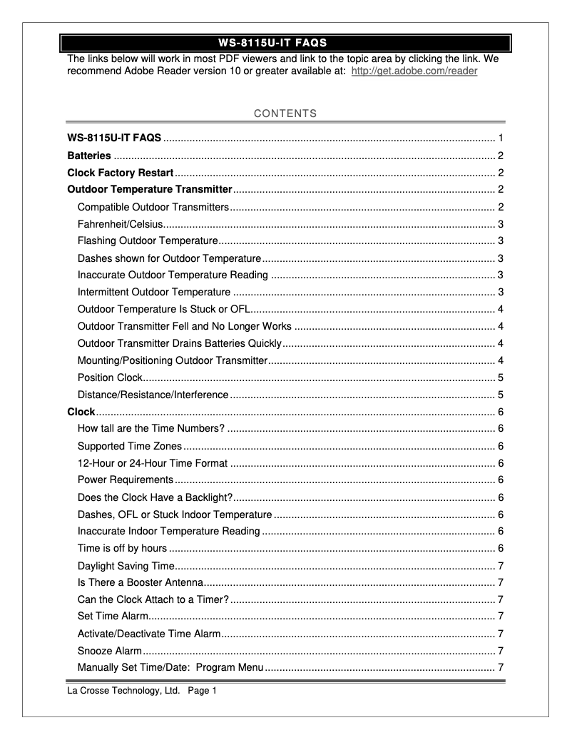 Page 1 de la notice FAQ La Crosse Technology WS-8115U-S